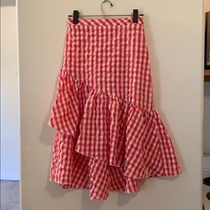 Gingham Ruffle Asymmetrical Midi Skirt